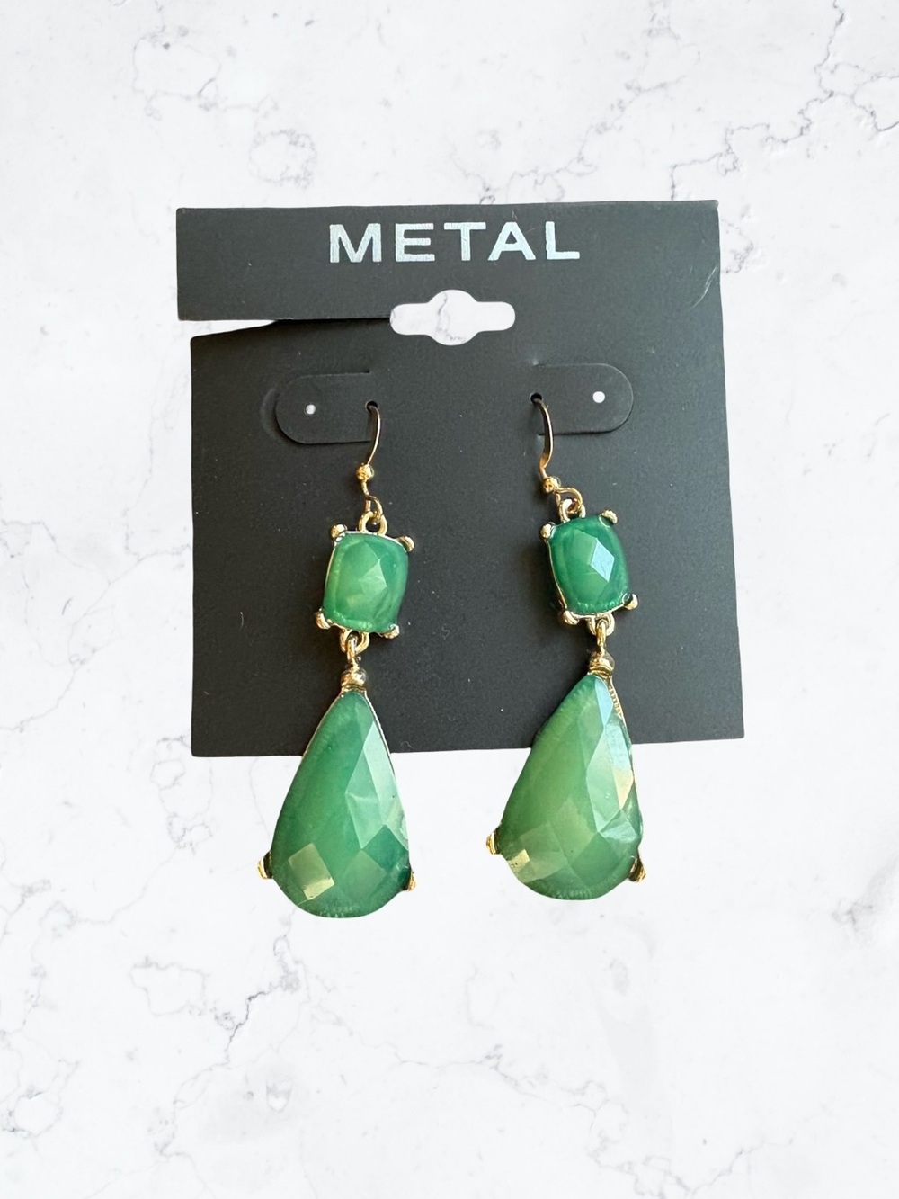 Metal Green Faceted Teardrop Gold-Accent Dangle Earrings